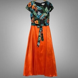 EY Boutique Women Dress Plus 2X Black Floral Orange Shantung Maxi Event Occasion